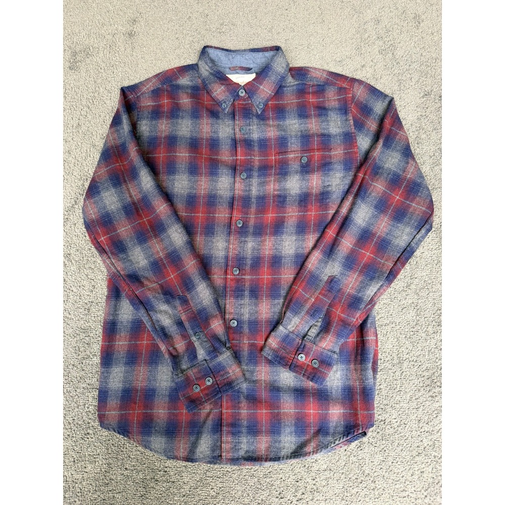 Weatherproof Vintage Mens Medium Plaid Flannel Button Down Shirt Red Blue Grey